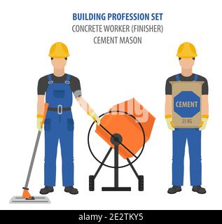 Profession and occupation set. Concrete worker tools and  equipment, mason`s uniform flat design icon.Vector illustration Stock Vector